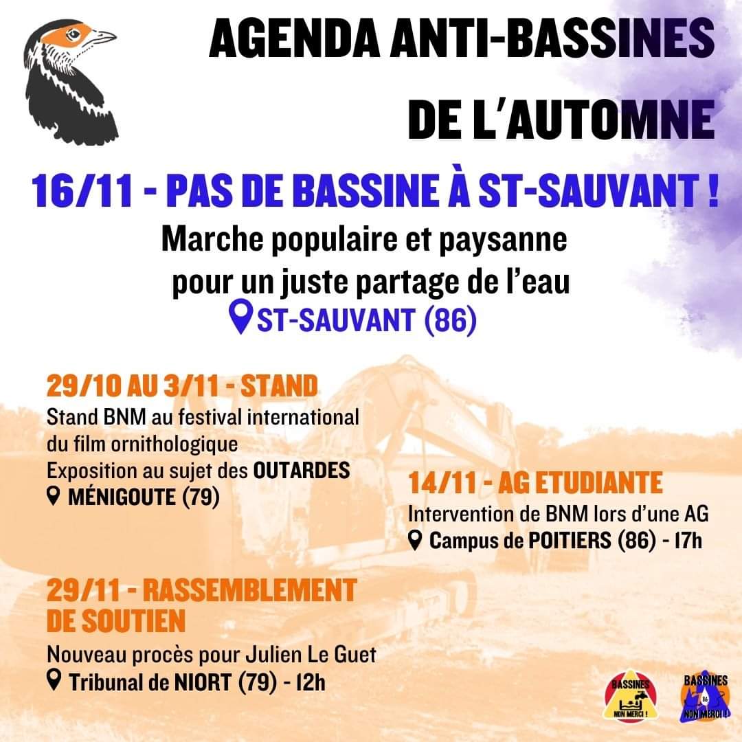 Sur ce point 💧, <a href="/BassinesNon/">BassinesNonMerci ⏚</a> organise une nouvelle manifestation le samedi 16/11 à Saint-Sauvant, juste à côté de Vaugeton donc, sur la question des la gestion de l'eau. Nous y serons également !