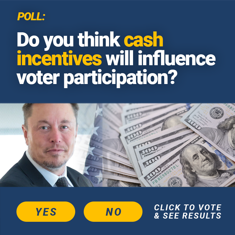 EpochTimes's tweet photo. Elon Musk is awarding $1 million randomly to registered voters in swing states who have signed the petition in support of the U.S. Constitution’s First and Second Amendments every day from now until the election. 
Do you think cash incentives will influence voter participation?