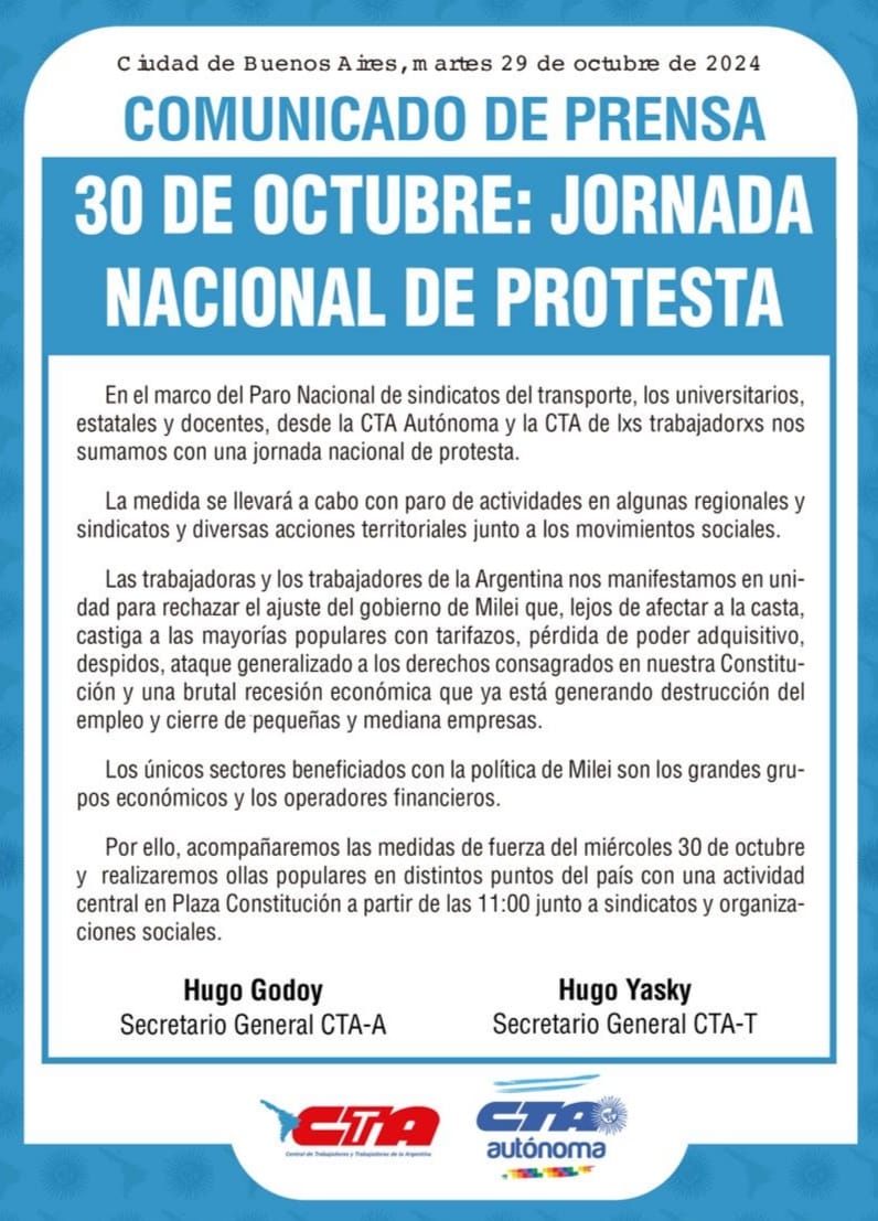 #JornadaNacionalDeProtesta
🔴En el marco del Paro Nacional de sindicatos del transporte, los universitarios, estatales y docentes, desde la CTA Autónoma y la CTA de los Trabajadorxs nos sumamos con una jornada nacional de protesta.
