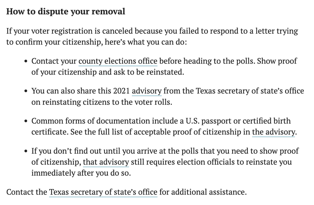 emilyebytx's tweet image. This is HUGE. If you've been improperly purged from the voter rolls for citizenship reasons, your county has to put you back on the rolls. Even if you don't find out you were purged until Election Day!! Here are the steps, as quoted in the (excellent) article below: