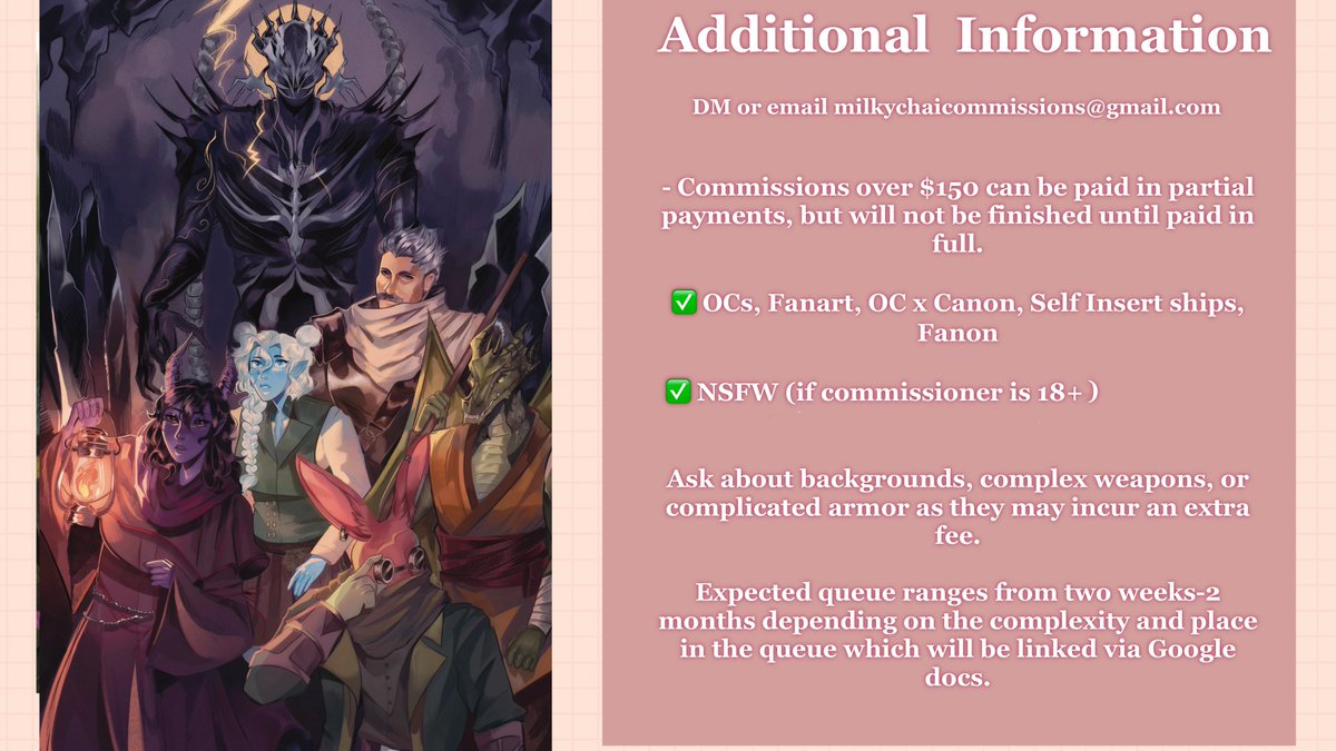 milkychai's tweet image. [EMERGENCY C0MMS] My mom may be $500 short for rent this month and i'll be opening some comm slots to cover for her! 

To claim please DM or email milkychaicommissions@gmail.com!

I'll have these open until I have my ma covered 🫡 Pieces will be worked on throughout Nov