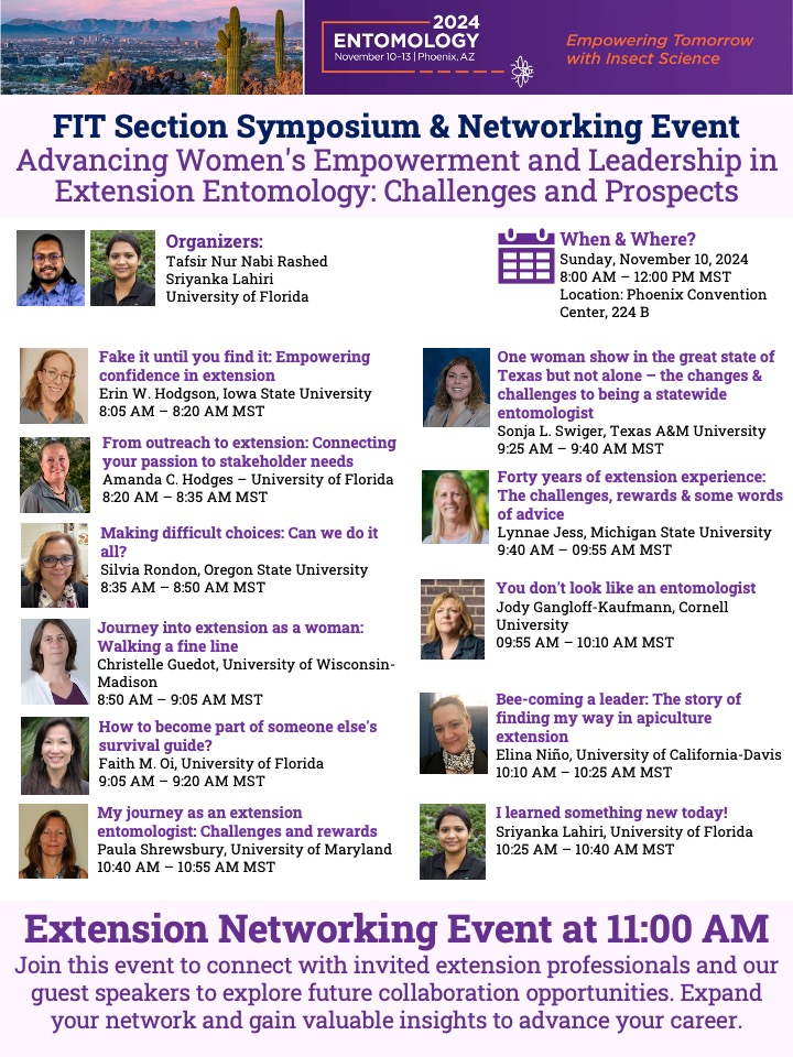 Join us at the #EntSoc24 FIT Section Symposium for an inspiring session on women’s empowerment &amp; leadership in #ExtensionEntomology!Don’t miss the Extension Networking Event from 11:00 AM to 12:00 PM at Phoenix Convention Center, 224 B.
<a href="/EntsocAmerica/">Entomological Society of America</a>