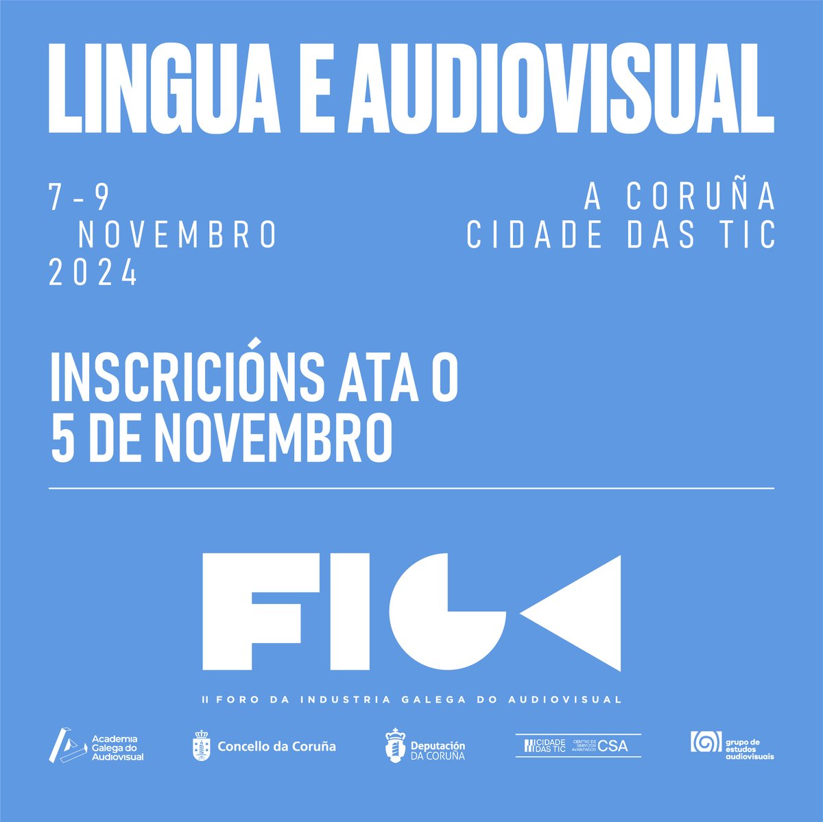 Academia Galega do Audiovisual (@academiagalegaa) on Twitter photo #FIGA | Última semana para poder participar nas xornadas de FIGA‼ Non perdas a oportunidade de debater sobre lingua e audiovisual
✍️Anótate! Prazas limitadas i.gal/Ngxd7 👈
🤝Co apoio de <a href="/ConcelloCoruna/">Concello da Coruña</a>, <a href="/DACCultura/">Cultura Depu. Coruña</a>
👉Colaboran <a href="/csacidadedastic/">CSA Cidade das TIC</a>, <a href="/GEA_USC/">estudos_audiovisuais</a> #FIGA | Última semana para poder participar nas xornadas de FIGA‼ Non perdas a oportunidade de debater sobre lingua e audiovisual
✍️Anótate! Prazas limitadas i.gal/Ngxd7 👈
🤝Co apoio de <a href="/ConcelloCoruna/">Concello da Coruña</a>, <a href="/DACCultura/">Cultura Depu. Coruña</a>
👉Colaboran <a href="/csacidadedastic/">CSA Cidade das TIC</a>, <a href="/GEA_USC/">estudos_audiovisuais</a>
