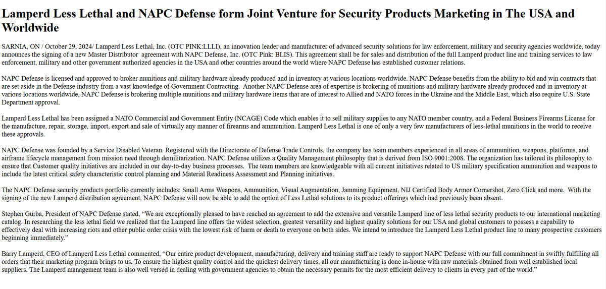 LLLI_LessLethal's tweet photo. Lamperd Less Lethal and NAPC Defense form Joint Venture for Security Products Marketing in The USA and Worldwide

News Link: https://t.co/umTDf6Ax4F
 
Company Website: https://t.co/a85f05c4uj

Lamperd Less Lethal on Facebook: https://t.co/s8zMlapZIS https://t.co/GDqoixARGz
