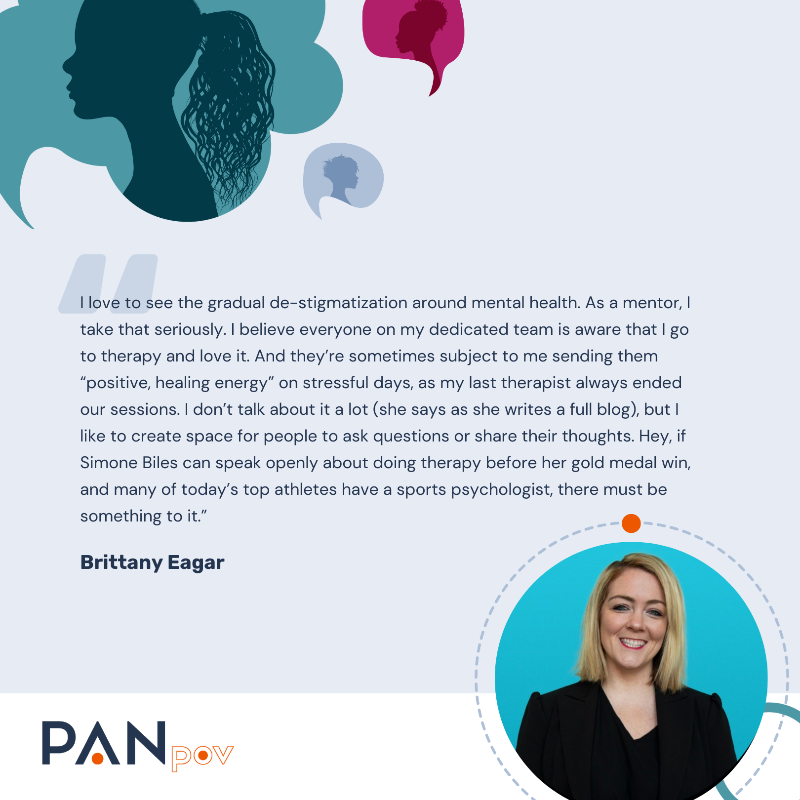 PANcomm's tweet photo. This month's #PANpov spotlights Director Brittany Eager as she shares her impactful therapy journey.

Brittany emphasizes the importance of acknowledging emotions and normalizing mental health discussions.