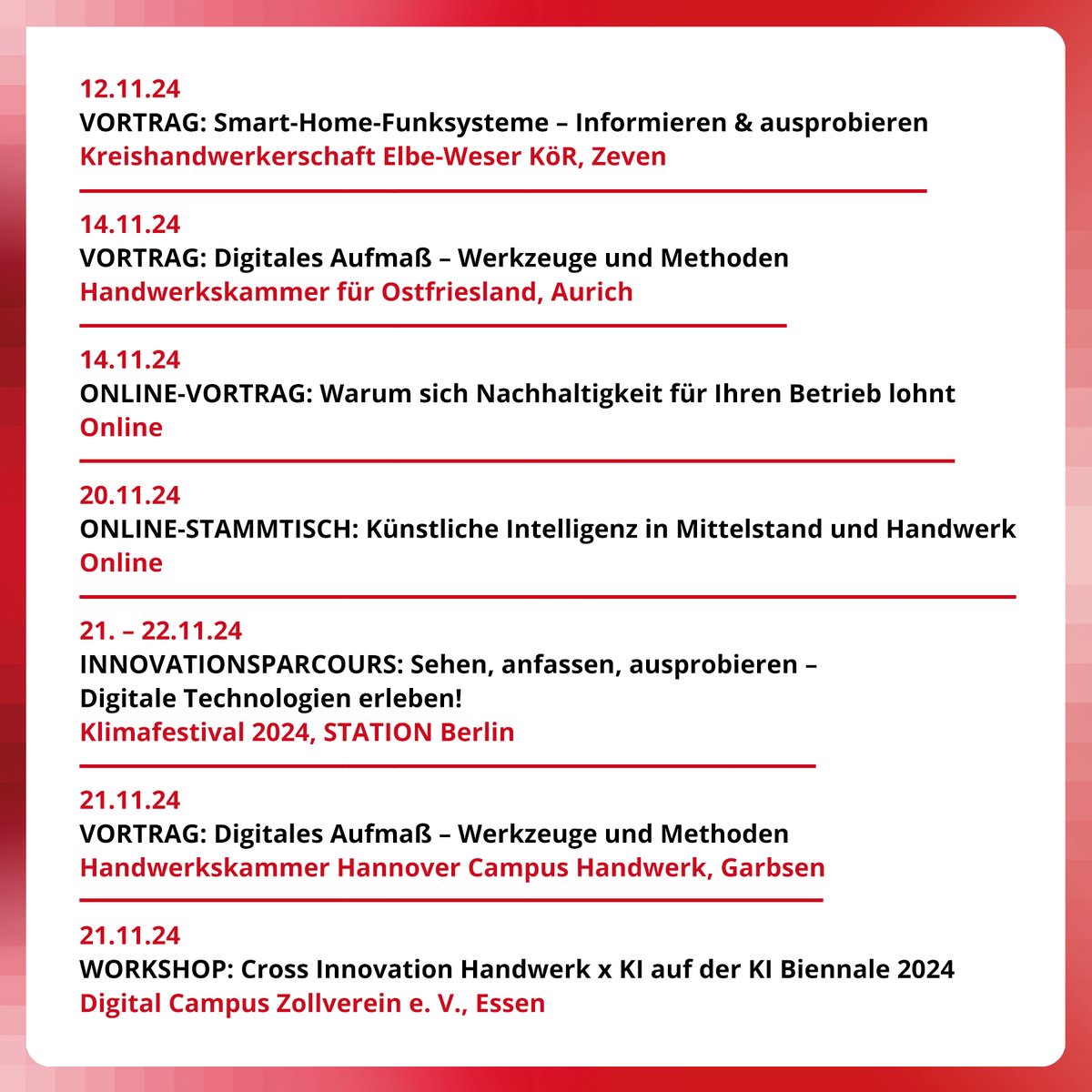 🚀 Fit fürs Handwerk der Zukunft! Im November warten wieder spannende Events auf dich: Von #SmartHome über #DigitaleAufmaß-Methoden bis zu Cross #Innovation mit #KI. 💡👷 Schau vorbei, entdecke neue Tools und vernetze dich! 👉 Mehr Infos &amp; Anmeldung hier: handwerkdigital.de/Veranstaltungen