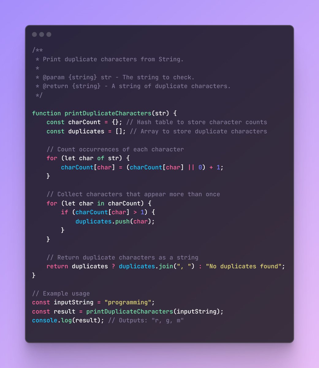 iamtazheeb's tweet image. ⚡Print duplicate characters from String
📝 01/12 : String Interview Question(s):
🎯 Day 9 of 75 Days Coding Interview Question (JS)
#javascriptcode #web #javascript #programming #coding #javascriptdeveloper #interviewquestion #tazheeb #tazheeb_shamsi #coding_question