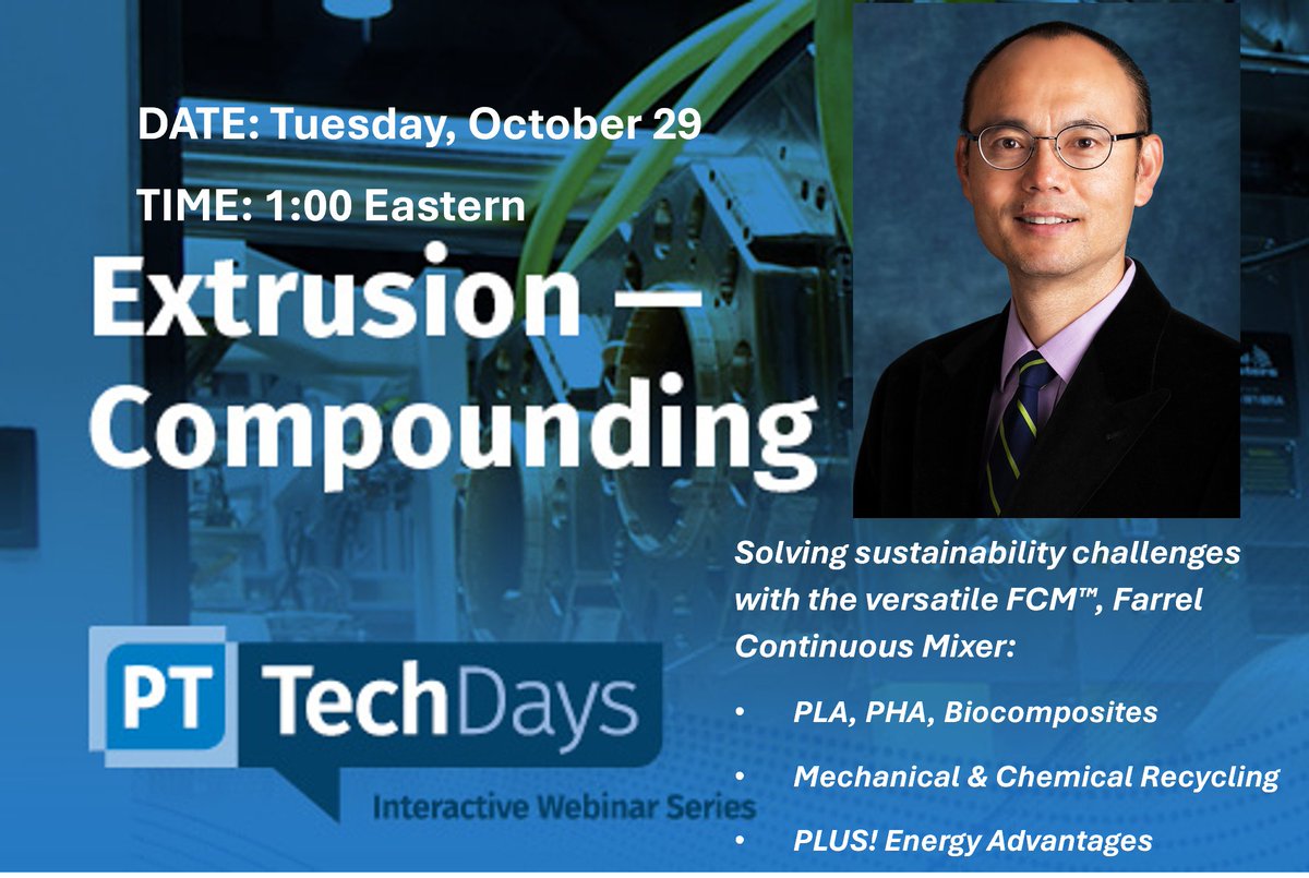 FarrelPomini's tweet image. TODAY AT 1 PM EST! 
Join us today as we present at the @plastechmag  &apos;TechDays&apos; interactive webinar series. Register to attend: bit.ly/4fwU7Vp
#compounding #mixingtechnology #sustainability