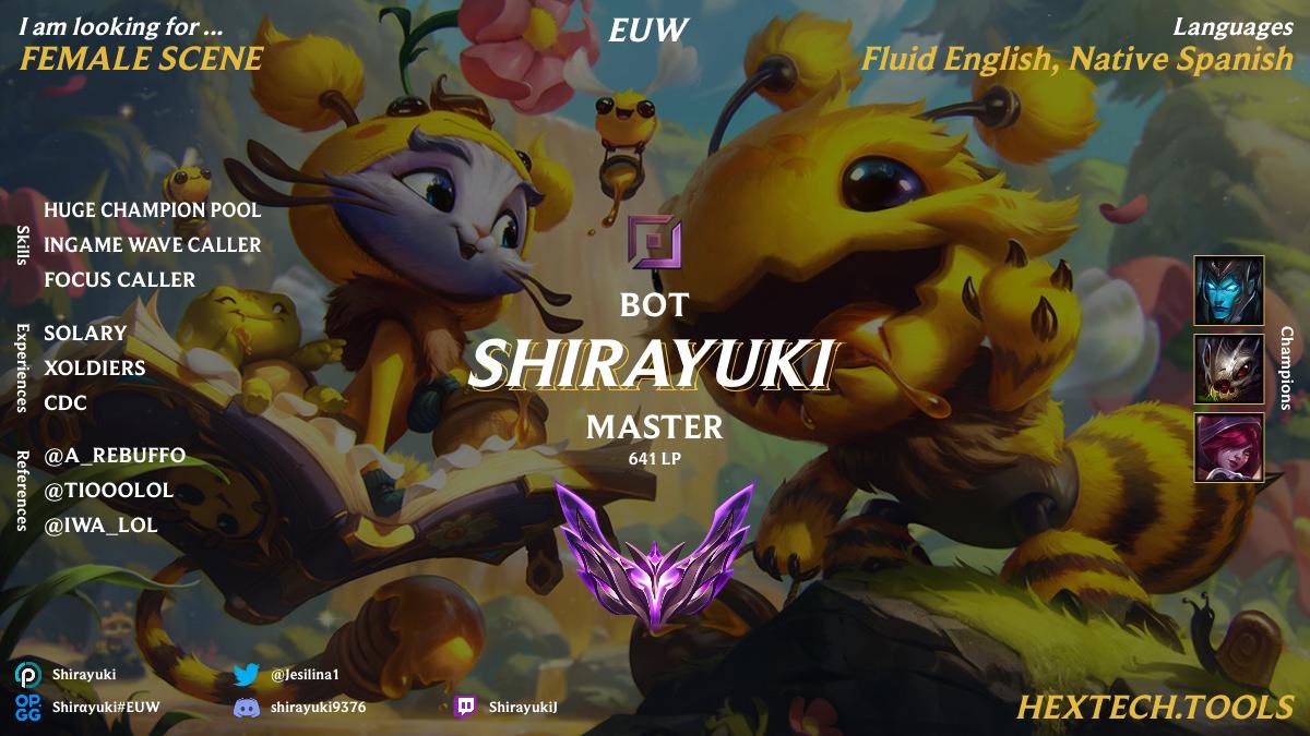 After finishing my split with <a href="/SolaryTV/">Solary</a>, I’m looking for new horizons and keep playing my main rol ❤️

VODS Available upon request

RT’s and Favs Appreciated 💕

Contact <a href="/DarthYellow_lol/">DarthYellow</a>