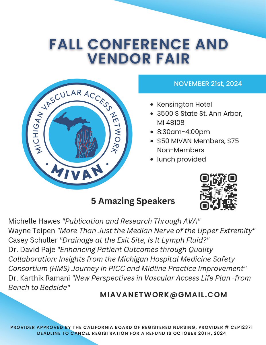 Michigan HMS (@hms_mi) on Twitter photo On 11/21/24, <a href="/MiAVANetwork/">Michigan Vascular Access Network</a> is hosting its fall conference and vendor fair in Ann Arbor. Use the QR code to register and listen to five excellent speakers discuss vascular access. #HMS #PICC Physician lead Dr. <a href="/PajeDavid/">David Paje</a> will share our journey in improving PICC/midline practice. On 11/21/24, <a href="/MiAVANetwork/">Michigan Vascular Access Network</a> is hosting its fall conference and vendor fair in Ann Arbor. Use the QR code to register and listen to five excellent speakers discuss vascular access. #HMS #PICC Physician lead Dr. <a href="/PajeDavid/">David Paje</a> will share our journey in improving PICC/midline practice.