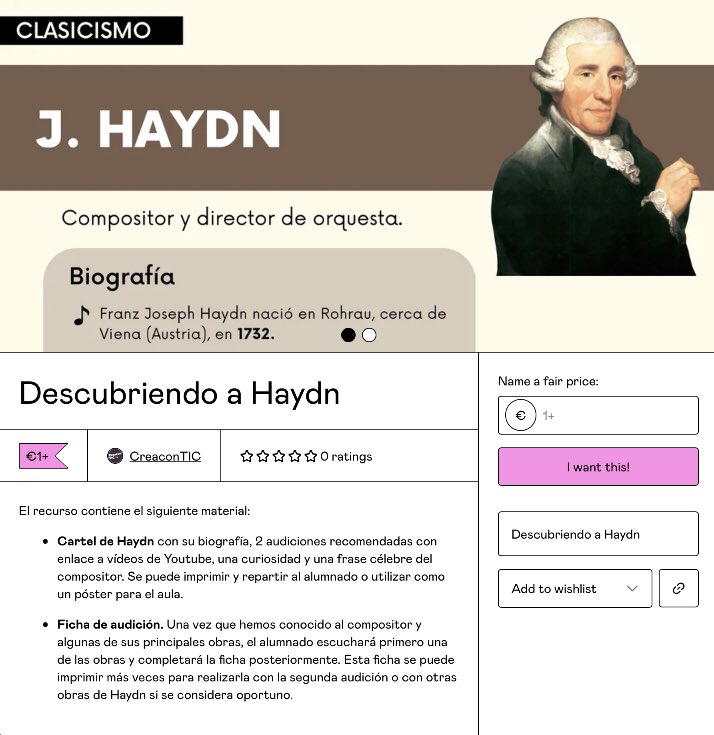 Descubriendo a Haydn. Cartel con información sobre el compositor y ficha de audición. Nuevo recurso en nuestra cuenta de Gumroad.
➡️ mariajesusmusica.gumroad.com/l/sxces?layout…
#recursosmusicales