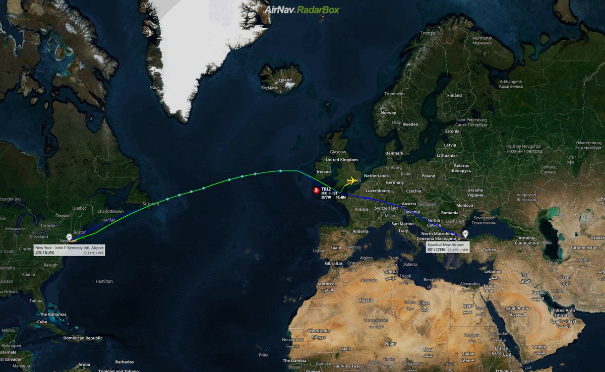 AirNavRadar's tweet photo. Today: Turkish Airlines flight #TK12 from New York, JFK to Istanbul, diverted to London Heathrow due to a medical emergency as reported by @FlightEmergency.

View #TK12's data at https://t.co/BKe8o8whgj

#MedicalEmergency #EmergencyOnBoard #Aviation https://t.co/iMeBwUOR0o
