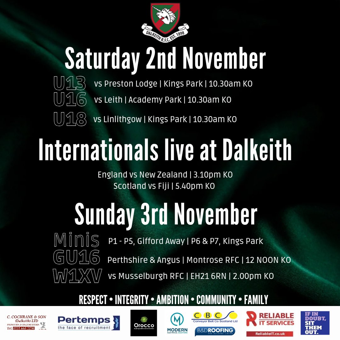 Dalkeith RFC (@dalkeithrfc) on Twitter photo 🏉 YOUR WEEKEND FIXTURES 🏉
It's a break week for the Senior Mens teams but we still have lots on this weekend
Our <a href="/DalkeithYthRFC/">Dalkeith Youth Rugby</a> U13s & U18s will be at home, welcoming Preston Lodge & Linlithgow to Dalkeith, whereas our U16s will be away to Leith.
All 10.30am kick offs 🏉 YOUR WEEKEND FIXTURES 🏉
It's a break week for the Senior Mens teams but we still have lots on this weekend
Our <a href="/DalkeithYthRFC/">Dalkeith Youth Rugby</a> U13s & U18s will be at home, welcoming Preston Lodge & Linlithgow to Dalkeith, whereas our U16s will be away to Leith.
All 10.30am kick offs