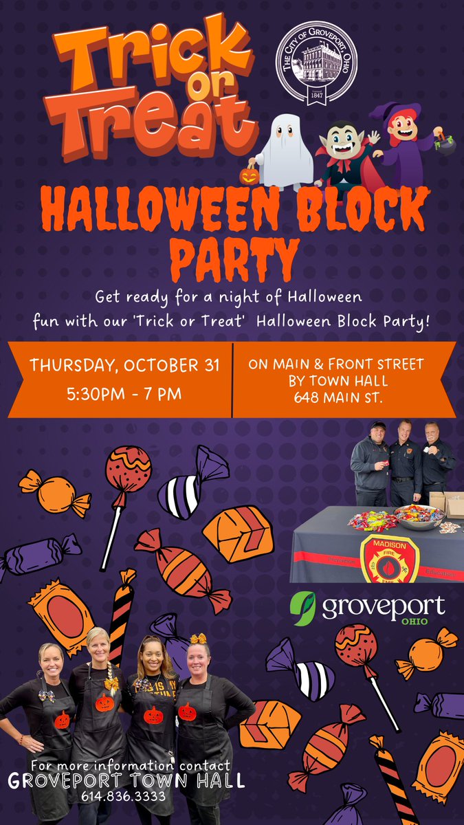 GroveportTH's tweet photo. 📷2 days to go...
Get ready for 'Trick or Treat' and join us at Groveport’s Halloween Block Party on Thurs, October 31 from 5:30PM-7PM for a frightfully fun evening! Stop by Front St to see all the amazing Pumpkin Carving Contest entries and vote for your favorite!(Rain or Shine) https://t.co/6s5tXXdyat