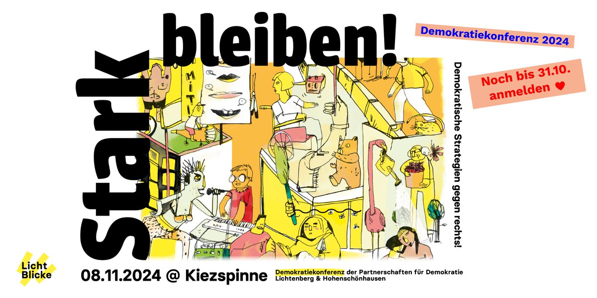 Reminder: Am 8.11. findet in der Kiezspinne unsere Demokratiekonferenz statt 🥳

♥️Bis zum 31.10. könnt ihr euch noch anmelden unter:
mitmachen[at]licht-blicke.org