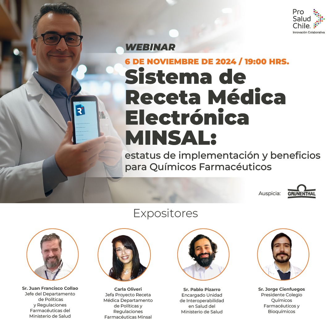 prosaludchile's tweet image. Atención Químicos Farmacéuticos!! 
Los invitamos a este importante webinar: "Sistema de Receta Médica Electrónica MINSAL: Estatus de implementación y beneficios para Químicos Farmacéuticos". 
No se lo pierdan: prosaludchile.cl/sistema-de-rec…