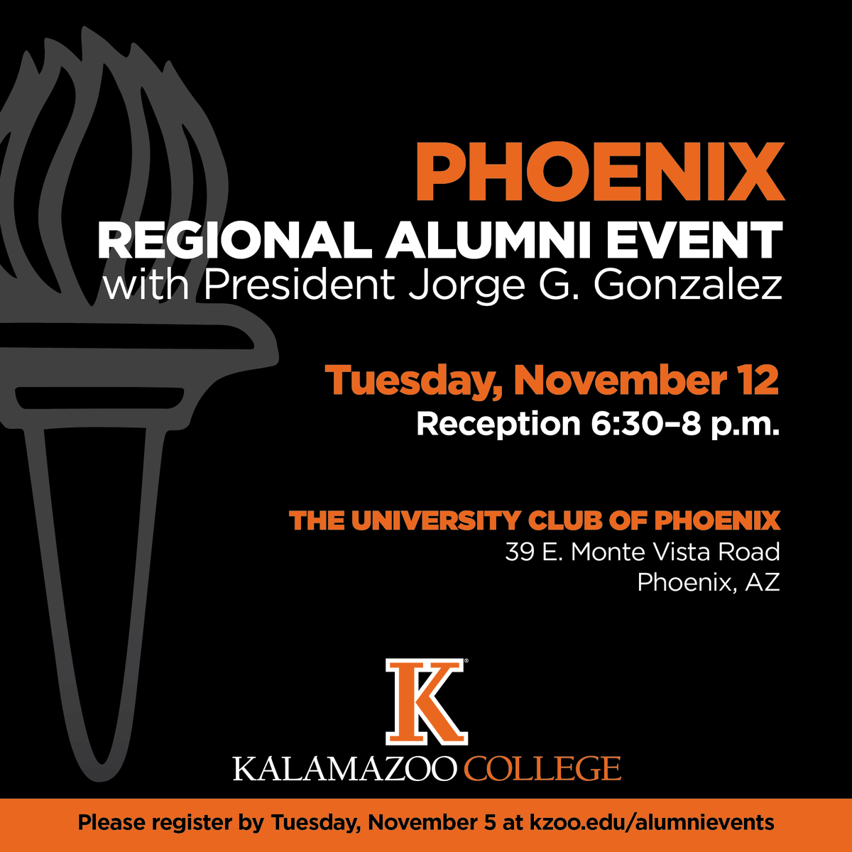 KCollegeAlumni's tweet photo. Please join us in Phoenix on Tuesday, November 12 from 6:30-8 p.m. at the University Club of Phoenix. Register today at https://t.co/vSHWRFP8l3. https://t.co/2xdqx9ZYpd