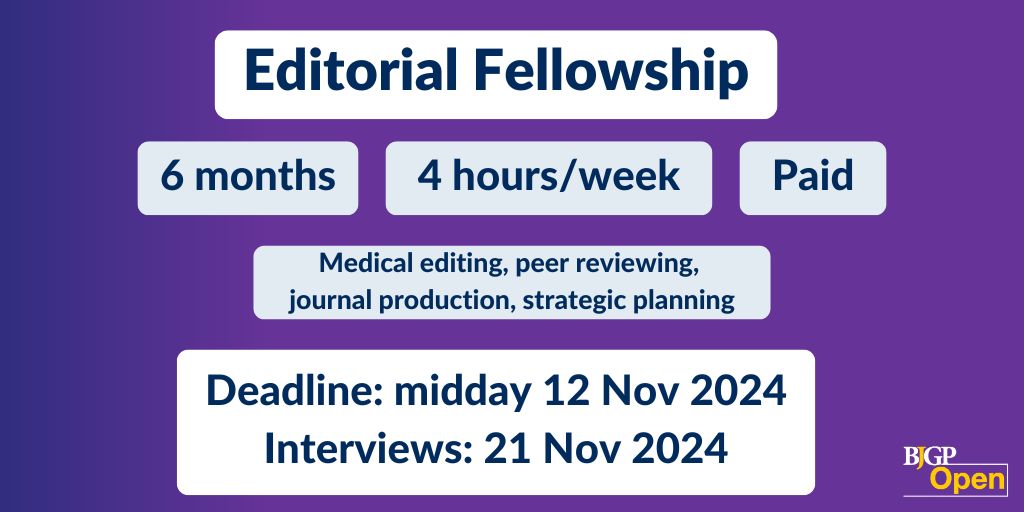 📣Join the team! BJGP Open is offering a 6-month Editorial #Fellowship. Get involved in medical editing, peer review, journal production and strategic planning

Find out more &amp; apply 👉 jobs.rcgp.org.uk/job-details/23…

Deadline: 12:00 (midday) UK time, 12 Nov 2024
Interview: 21 Nov 2024