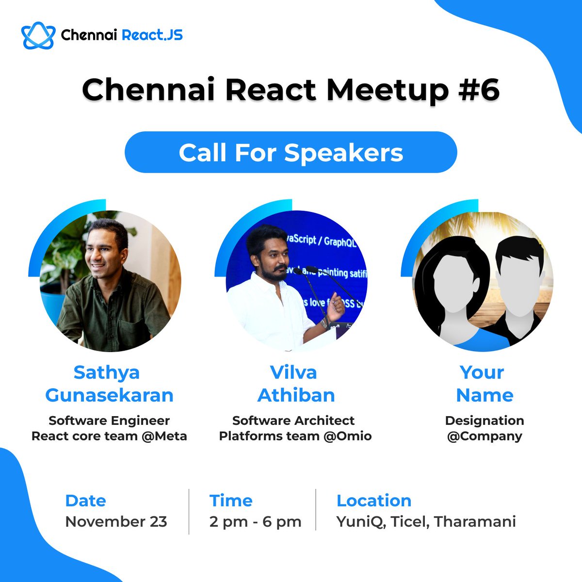 Chennai React (@chennaireact) on Twitter photo Our biggest event of the year is here! 🎉
<a href="/_gsathya/">Sathya Gunasekaran</a>, React core team <a href="/Meta/">Meta</a> and <a href="/vilvaathibanpb/">Vilva Athiban</a>, Software Architect <a href="/OmioGlobal/">Omio</a> are joining us to share their insights.
Want to give a talk? Apply here 👉 bit.ly/3YGdFRg
Register for the event 👉 lu.ma/9si8fpd0 Our biggest event of the year is here! 🎉
<a href="/_gsathya/">Sathya Gunasekaran</a>, React core team <a href="/Meta/">Meta</a> and <a href="/vilvaathibanpb/">Vilva Athiban</a>, Software Architect <a href="/OmioGlobal/">Omio</a> are joining us to share their insights.
Want to give a talk? Apply here 👉 bit.ly/3YGdFRg
Register for the event 👉 lu.ma/9si8fpd0