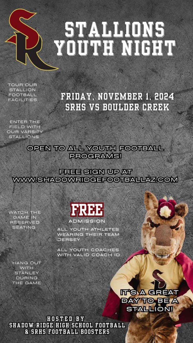 Fridays game is YOUTH NIGHT. Coaches with your coaches badge and players with their youth jersey get in FREE!! All Teams and players welcome!!  SIGN sign up at shadowridgefootballaz.com