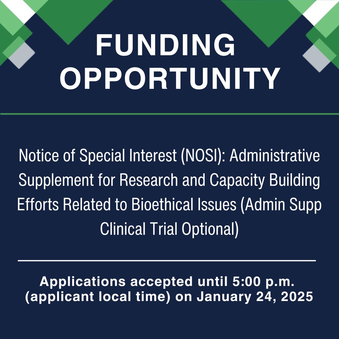 NIH Behavioral and Social Sciences Research (@obssr_nih) on Twitter photo .<a href="/NIH/">NIH</a>, through <a href="/NIH_OSP/">NIH Office of Science Policy</a>, is announcing administrative supplements to support research on bioethical issues. The supplements can either inform future policy directions or enhance bioethics research capacity. Applications due: Jan. 24, 2025: grants.nih.gov/grants/guide/n⦠.<a href="/NIH/">NIH</a>, through <a href="/NIH_OSP/">NIH Office of Science Policy</a>, is announcing administrative supplements to support research on bioethical issues. The supplements can either inform future policy directions or enhance bioethics research capacity. Applications due: Jan. 24, 2025: grants.nih.gov/grants/guide/nā¦