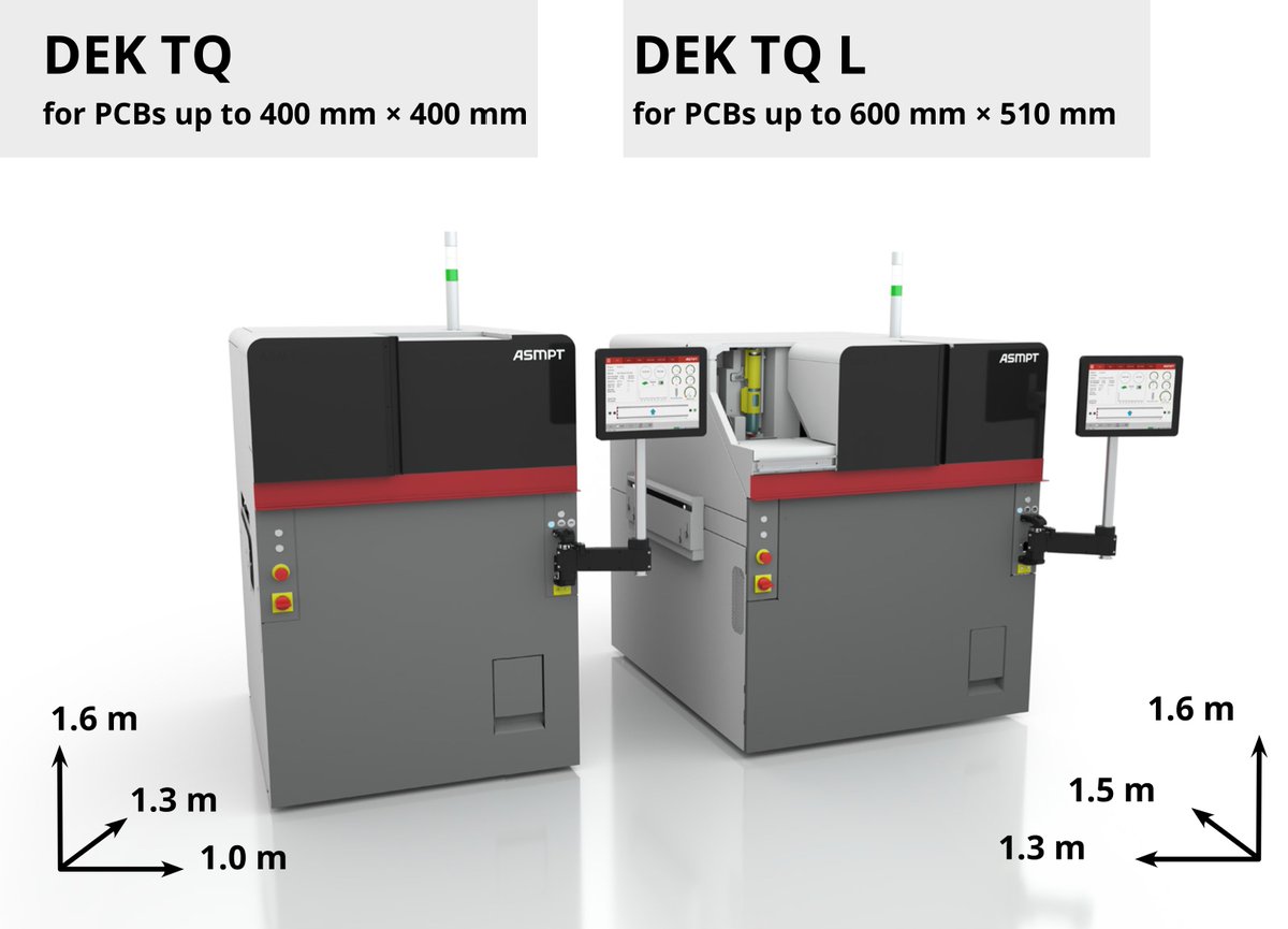 The DEK TQ printer platform offers ±12.5µm alignment accuracy @ 2 Cmk &amp; ±17.0µm wet print accuracy @ 2 Cpk— One of the most precise solder paste printers on the market. Print #PCB with DEK TQ L up to 600x510mm and print area of 560x510mm smt.asmpt.com/en/products/pr… #SMT #ASMPT