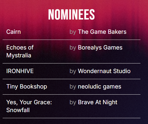 DevGAMM's tweet photo. Most Anticipated Game

- Cairn by @TheGameBakers
- @Mystralia by @BorealysGames 
- @Ironhive_Game by @Wondernaut_ 
- Tiny Bookshop by @neoludic
- Yes, Your Grace: Snowfall by @BraveAtNight https://t.co/BjRgbPQ8PD
