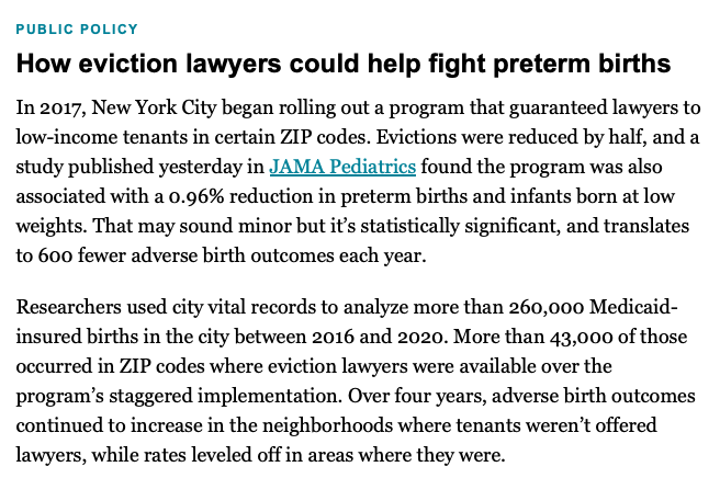 Maya Kaufman (@mayakauf) on Twitter photo Fascinating new study in <a href="/JAMAPediatrics/">JAMA Pediatrics</a> finds a NYC right-to-counsel program that reduced evictions was *also* associated with a reduction in preterm births and infants born at low weights (h/t <a href="/_gaffknee/">Theresa Gaffney</a> in <a href="/statnews/">STAT</a> Morning Rounds newsletter)
jamanetwork.com/journals/jamap… Fascinating new study in <a href="/JAMAPediatrics/">JAMA Pediatrics</a> finds a NYC right-to-counsel program that reduced evictions was *also* associated with a reduction in preterm births and infants born at low weights (h/t <a href="/_gaffknee/">Theresa Gaffney</a> in <a href="/statnews/">STAT</a> Morning Rounds newsletter)
jamanetwork.com/journals/jamap…