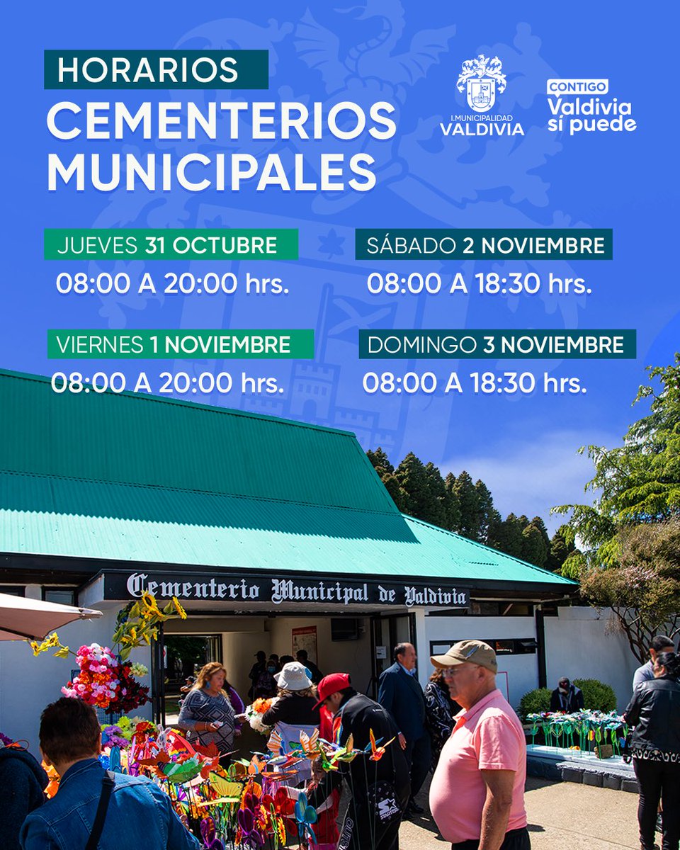 munivaldivia's tweet photo. DÍA DE TODOS LOS SANTOS 🤍

🌸 Este 1 de noviembre es el Día de Todos los Santos y como municipio nos hemos preparado para recibir a los miles de visitantes en los cementerios municipales N°1, N°2 y el de Niebla. 🕊️

Contaremos con Horarios especiales 👇

[HILO 🧵] #ValdiviaCL https://t.co/buIQaqFHBa