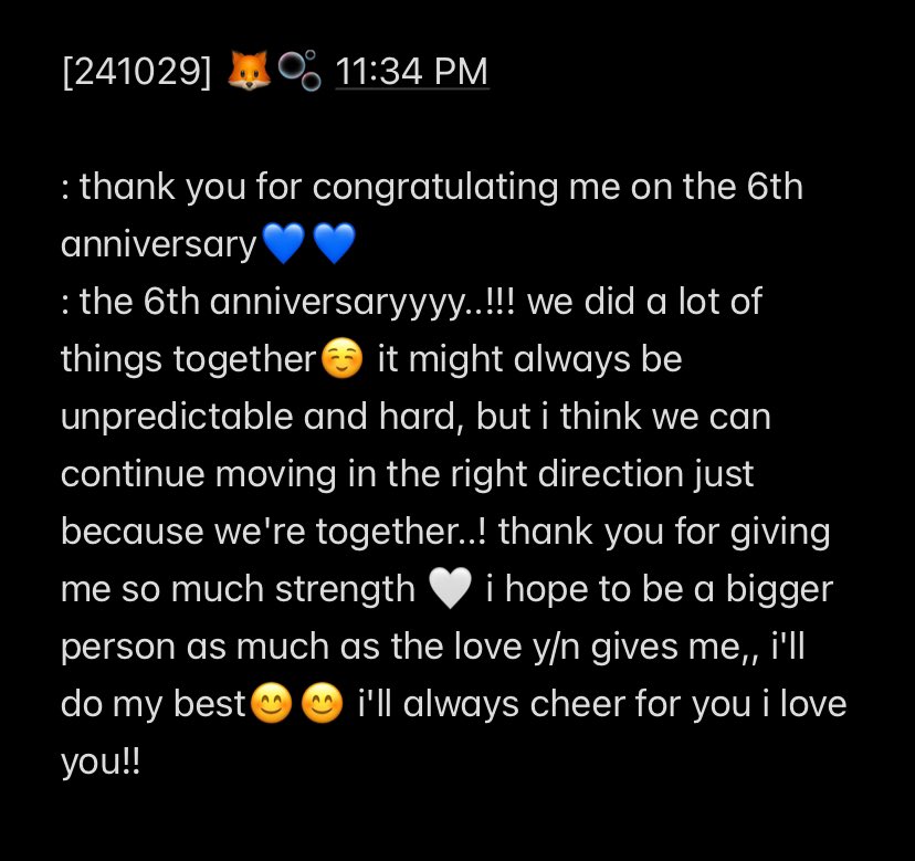 mingtext's tweet photo. [241029] 🦊🫧 11:34 PM

: thank you for congratulating me on the 6th anniversary💙💙
: the 6th anniversaryyyy..!!! we did a lot of things together☺️ (...) https://t.co/hwlq8XFZZS