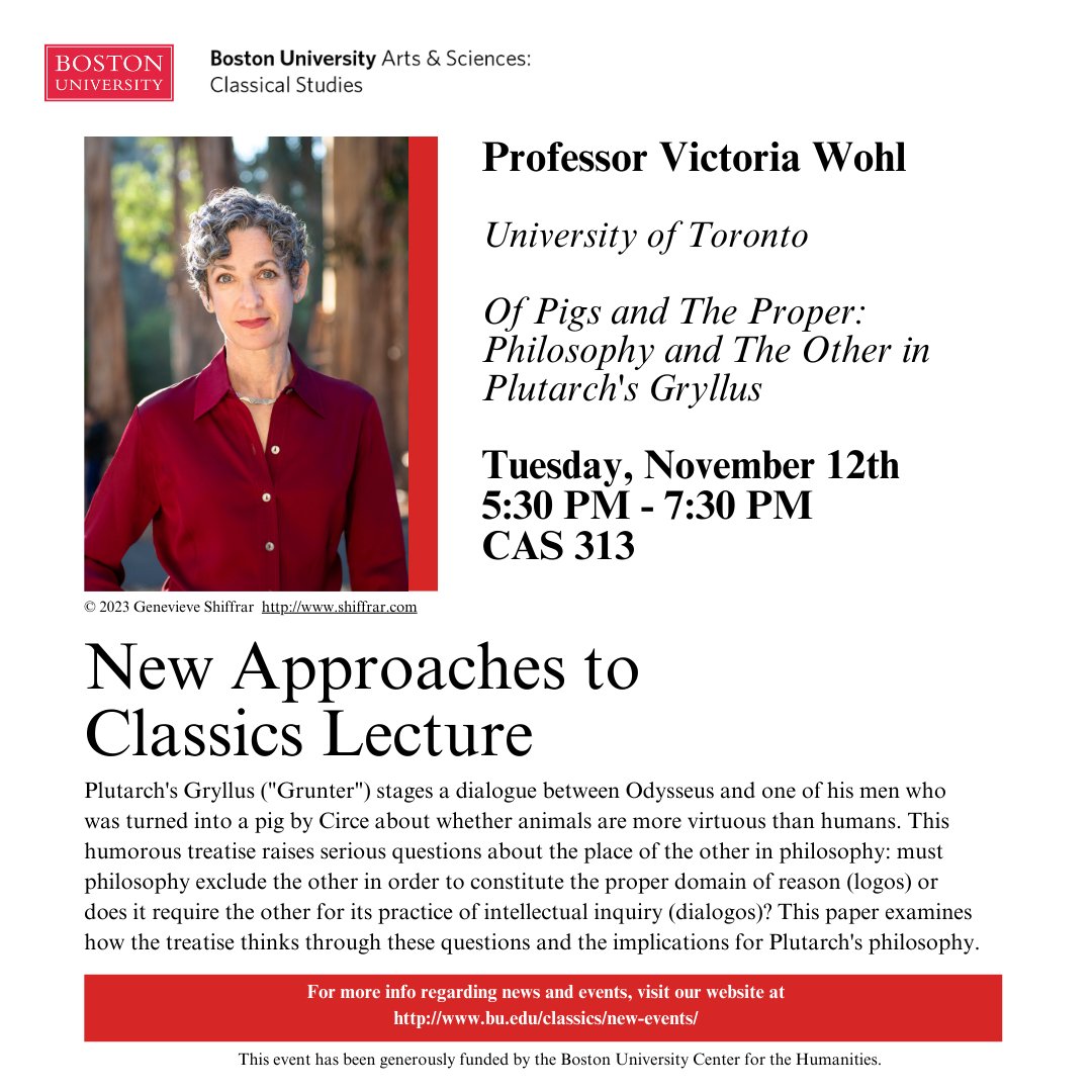 BUClassics's tweet image. Please join us Tuesday, November 12th for our third New Approaches Classics lecture with Professor Victoria Wohl. We hope to see you there!