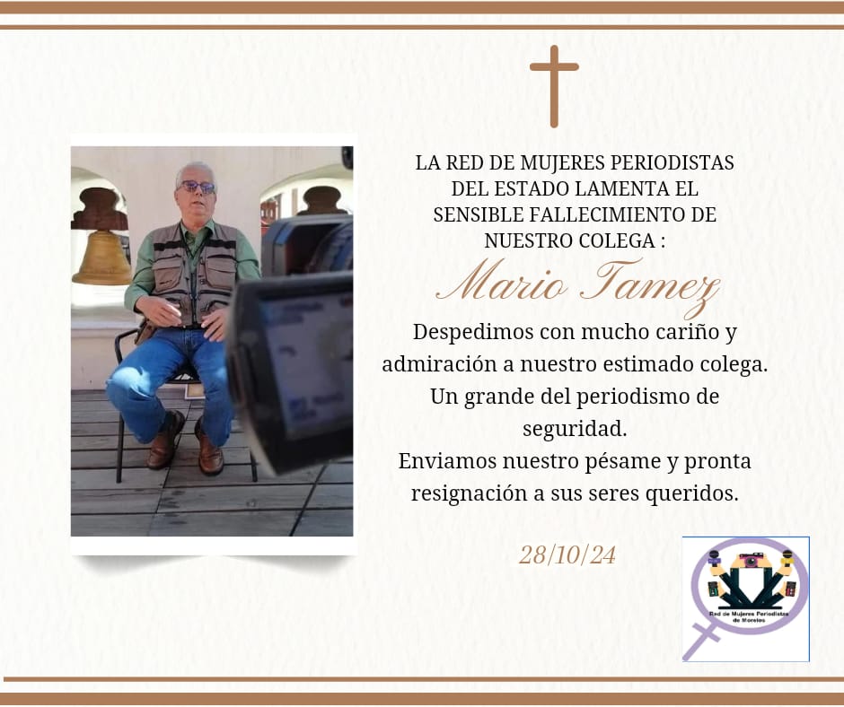 La <a href="/ProReporMor/">Red de Mujeres Periodistas de Morelos</a> despide con cariño al colega Mario Tamez, un ícono en el periodismo de seguridad en Morelos.

Mucha luz en tu camino, colega.
📸📽️🎤💻🖤🤍🖤🤍