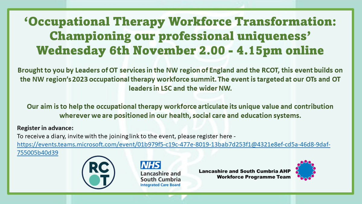 LSC_ICB_AHPWorkforceteam (@lsc_icb_ahps) on Twitter photo Calling all Occupational Therapists 📢📢
Come along and be involved in this online event, championing the professional uniqueness.
Register in advance using this link:
events.teams.microsoft.com/event/01b979f5…
<a href="/SarahOb63037510/">Sarah Obrien</a> <a href="/stsandford/">Stephen Sandford</a> <a href="/LSCICB/">Lancashire and South Cumbria ICB</a> #RCOT Calling all Occupational Therapists 📢📢
Come along and be involved in this online event, championing the professional uniqueness.
Register in advance using this link:
events.teams.microsoft.com/event/01b979f5…
<a href="/SarahOb63037510/">Sarah Obrien</a> <a href="/stsandford/">Stephen Sandford</a> <a href="/LSCICB/">Lancashire and South Cumbria ICB</a> #RCOT
