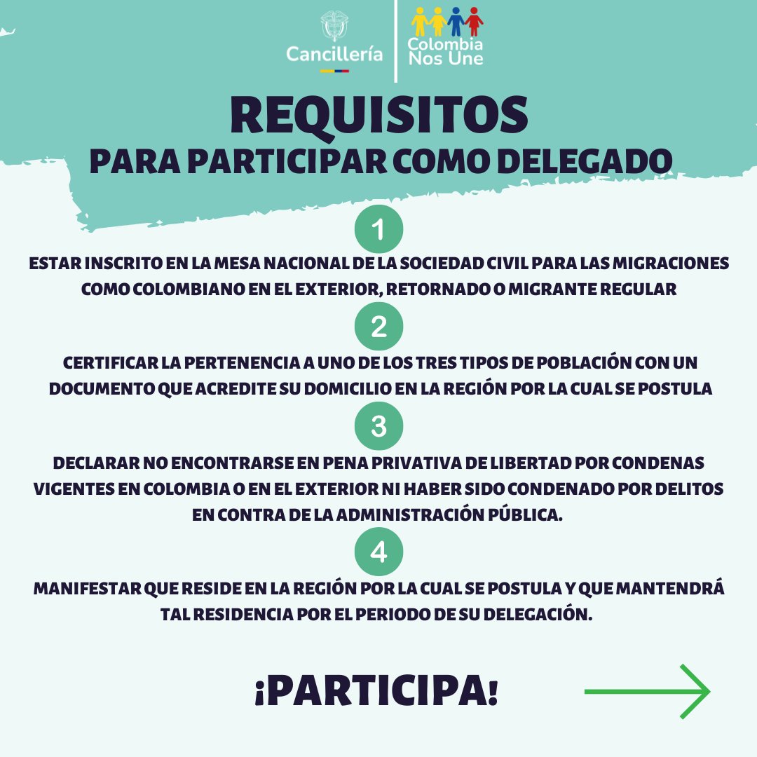 ColombiaNosUne's tweet photo. ¡🌍🇨🇴 Inscripciones abiertas! Sé delegado/a en la #MNSCM y ayuda a construir políticas para la comunidad colombiana en el exterior y migrantes en 🇨🇴.
Inscríbete aquí 👉 https://t.co/1wUlWUoGMS
hasta el 4 de nov. https://t.co/AmtugvZEvM