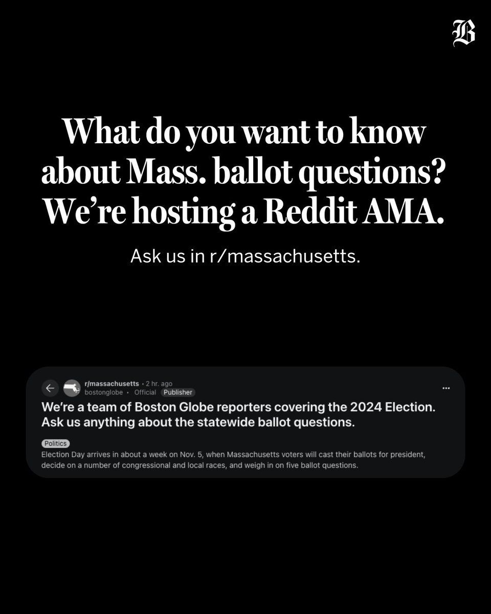 We are officially one week away from Election Day. Have questions about any of the statewide ballot questions? Join <a href="/MattPStout/">Matt Stout</a>, <a href="/ditikohli_/">Diti Kohli</a>, <a href="/GlobeVaznis/">James Vaznis</a>, <a href="/ktkjohnston/">Katie Johnston</a>, <a href="/mandy_mclaren/">Mandy McLaren</a> for a Reddit AMA.