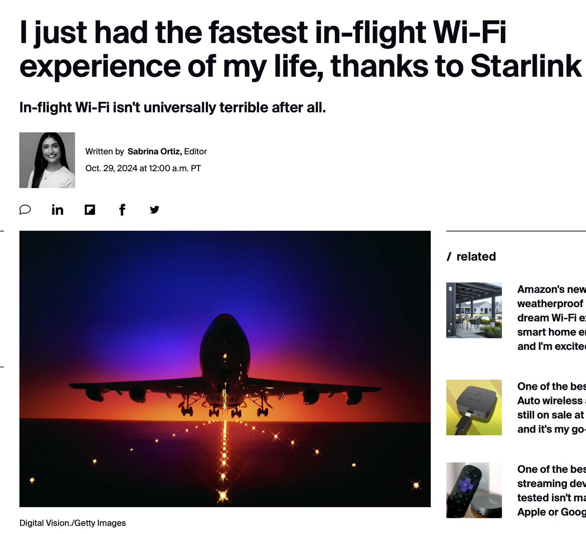 "I just had the fastest in-flight Wi-Fi experience of my life, thanks to <a href="/Starlink/">Starlink</a>"

"When the plane was landing, the download speed was a whopping 334.76 Mbps. Another immediate standout was the lack of latency. I was able to browse social media, play YouTube videos, and, most
