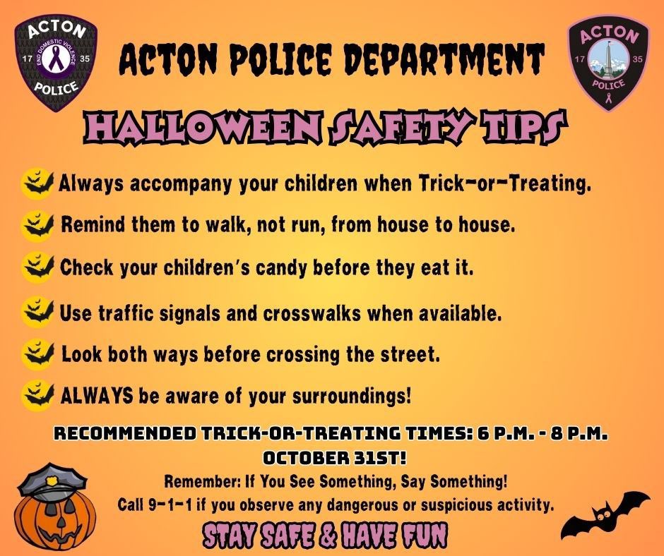 HomeinMetrowest's tweet image. Halloween 🎃 👻 Safety Tips ☑️+ Trick-or-Treating Hours 2024 Thurs 10/31 6-8pm from Town of Acton Police @ActonMAPolice .
#ActonMA #halloween2024