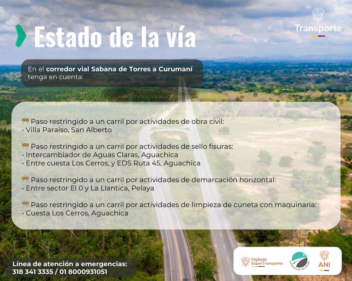 AutopRioGrande's tweet photo. 🚦 #EstadoDeLaVía | Hoy 29 de octubre de 2024, este es el estado de la vía en el corredor vial Sabana de Torres a Curumaní. 🚧🛣️ https://t.co/eEq1efeI7E