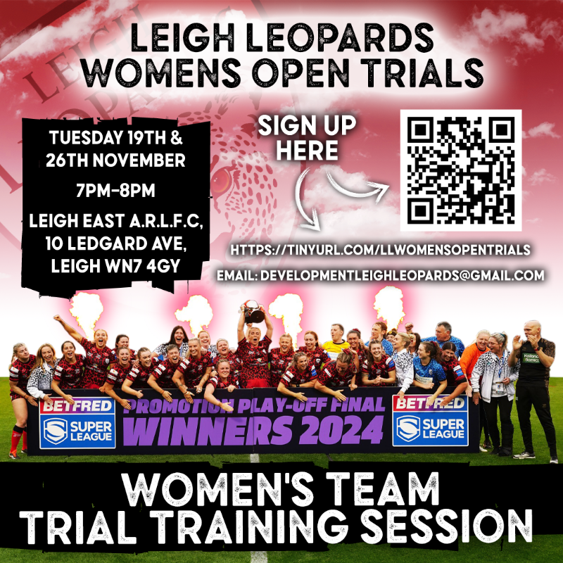 LeighLeopardsRL's tweet photo. 🐆𝗢𝗣𝗘𝗡 𝗧𝗥𝗜𝗔𝗟𝗦 𝗙𝗢𝗥 𝗟𝗘𝗢𝗣𝗔𝗥𝗗𝗦 𝗪𝗢𝗠𝗘𝗡🐆

Sign up for a trial training session for Leigh Leopards Women using the link below.

19th &amp; 26th November | 7pm-8pm | Leigh East A.R.L.F.C WN7 4GY