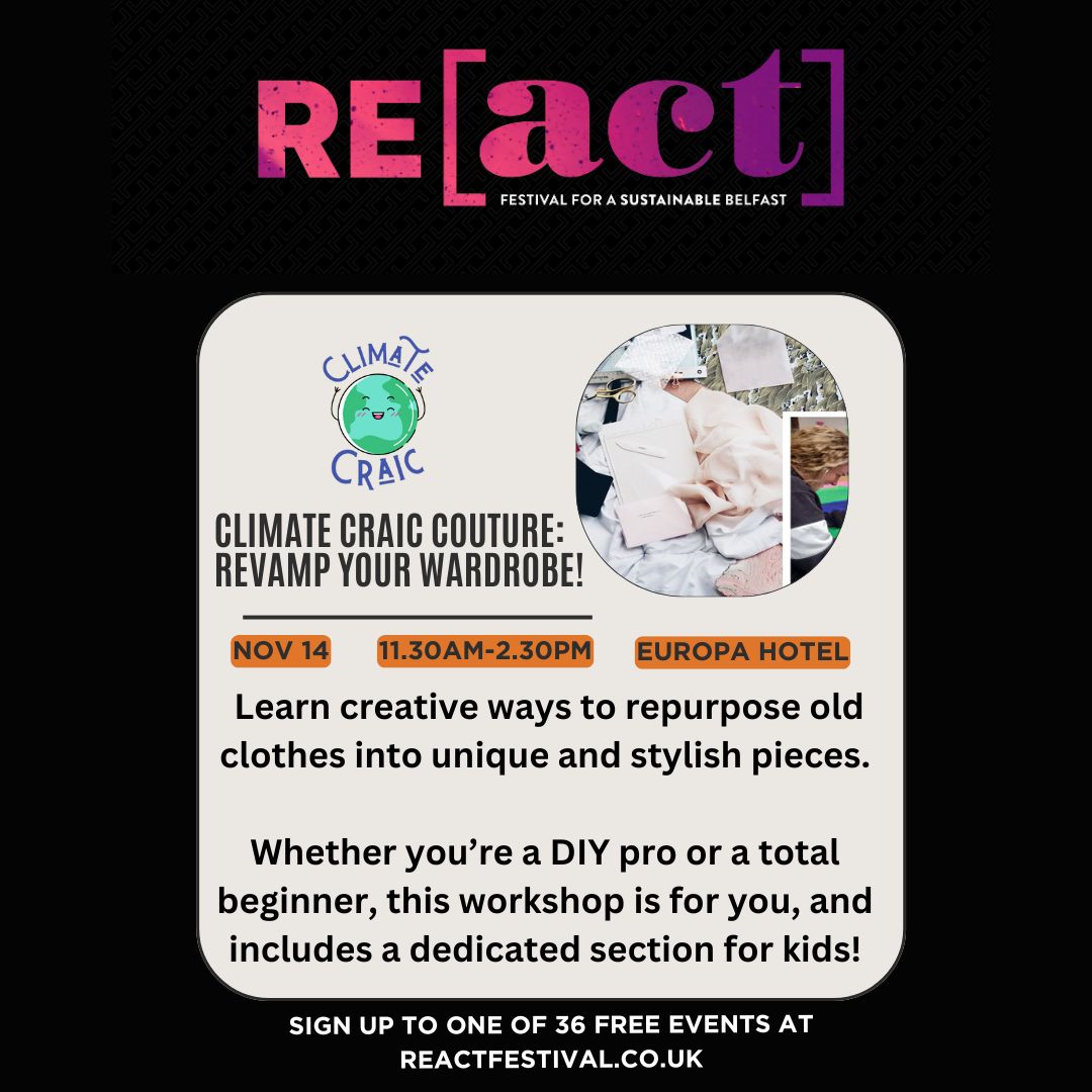 LinenQuarterBID's tweet image. RE[act] Festival is going to be some [Climate] Craic!😄
Join @JacintaHamley &amp;amp; the @ClimateCraic team for this fantastic practical skills workshop. Suitable for families and kids!
Sign Up FREE Here: reactfestival.co.uk/events/climate…