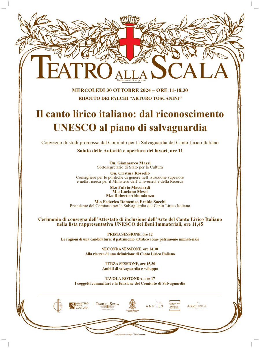 Anfols (@anfols1) on Twitter photo 🗓 30.10.24
🕒 11:00
📍<a href="/teatroallascala/">Teatro alla Scala</a>
Si terrà “Il canto lirico italiano: dal riconoscimento UNESCO al piano di salvaguardia”, il Convegno promosso dal Comitato per la Salvaguardia del Canto Lirico Italiano. 🗓 30.10.24
🕒 11:00
📍<a href="/teatroallascala/">Teatro alla Scala</a>
Si terrà “Il canto lirico italiano: dal riconoscimento UNESCO al piano di salvaguardia”, il Convegno promosso dal Comitato per la Salvaguardia del Canto Lirico Italiano.