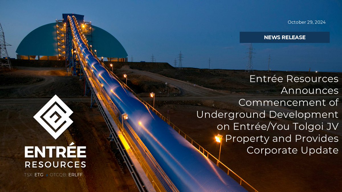 EntreeResource's tweet photo. NEWS - Entree Resources announces commencement of underground development on Entree/Oyu Tolgoi JV Property and provides a corporate update.
Read the news at https://t.co/i0RSWcqLEY
$ETG $ERLFF #oyutolgoi #mongolia #copper https://t.co/GEdyttk1BJ