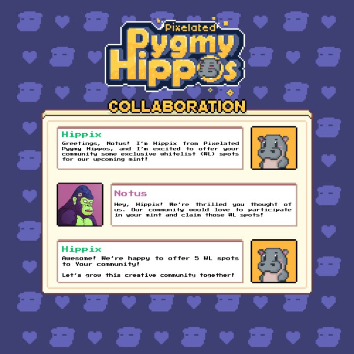 notus0x's tweet photo. Notus Guild 🤝 Pixelated Pygmy Hippos
                   🚨 GIVEAWAY 🚨

🏆🏆  5x White List Spots🏆 🏆

↘️Rules↙️
    💜Like + RT
    📸Tag 3 farmer friends  
     🫂 Follow  @pixel_hippos @notus0x 
     🪄  Join https://t.co/ehsA3aol2T

🗓️ Draw in 72h

ℹ️ 
https://t.co/Crar04J4DT