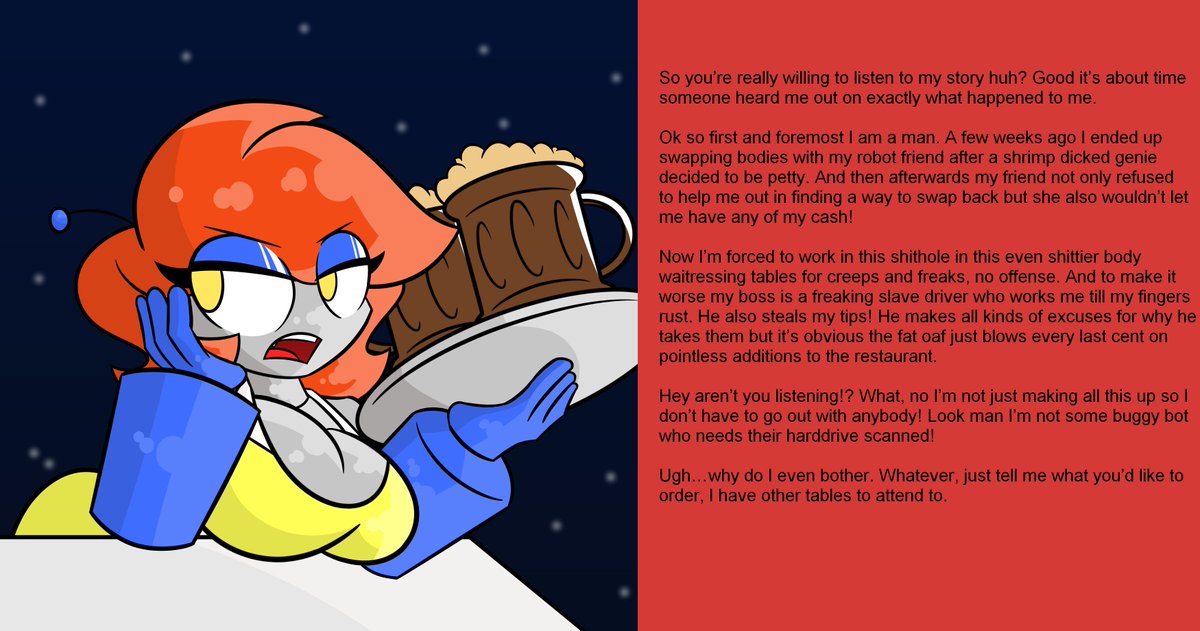 B0dySwapRobot's tweet image. Jeez. No clue who this guy is, how he ended up swapped with a robot, or why he&apos;s in a diner orbiting Jupiter but he seems like kind of a jerk. Huh, body swapped with a robot? I wonder if that&apos;s where BSR got her name...