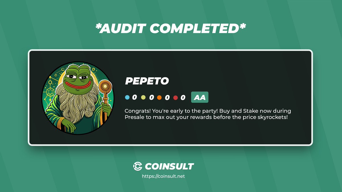 CoinsultAudits's tweet image. 🔒AUDIT COMPLETED FOR PEPETO

🎁 GIVEAWAY: $10 (48 hours)

1⃣ Follow @Pepetocoin &amp;amp; @CoinsultAudits
2⃣ Like + RT this tweet
3⃣ Place a comment 💬

Go check out the full project page of PEPETO 👇
coinsult.net/projects/pepet…

#giveaway #audit #smartcontract #cryptogiveaway #crypto…