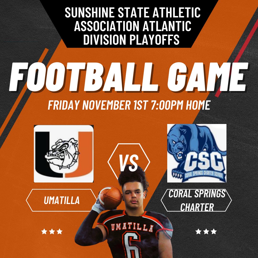 This Friday is Umatilla's first time having a Home playoff game since 2014!!! Come out and support your bulldogs in this playoff game against Coral Springs Charter. We are so excited to see everyone there!