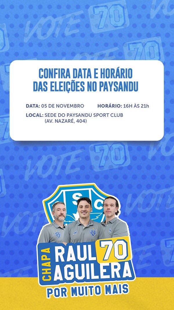 TcelMurilo's tweet photo. Várias conquistas históricas e avanços estruturais importantes….pra continuarmos esse trabalho cada vez mais vitorioso no @Paysandu pedimos ao associado bicolor que vote 7️⃣0️⃣ no próximo dia 05/11 na chapa Raul Aguilera, liderada pelo companheiro @Roger_Aguilera 🫡🤍💙 #Vote70 https://t.co/TqwU1cnVNp