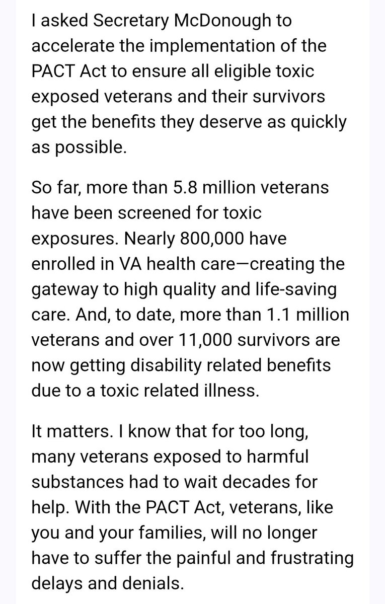 DrewTurner73's tweet image. I've included the email many veterans like me got just now from @POTUS. While the #PACTAct wasn't something I needed, I'm already covered. It has helped over 5 million veterans get much needed health care and compensation due to Burn Pit Exposure, Agent Orange, and the like.