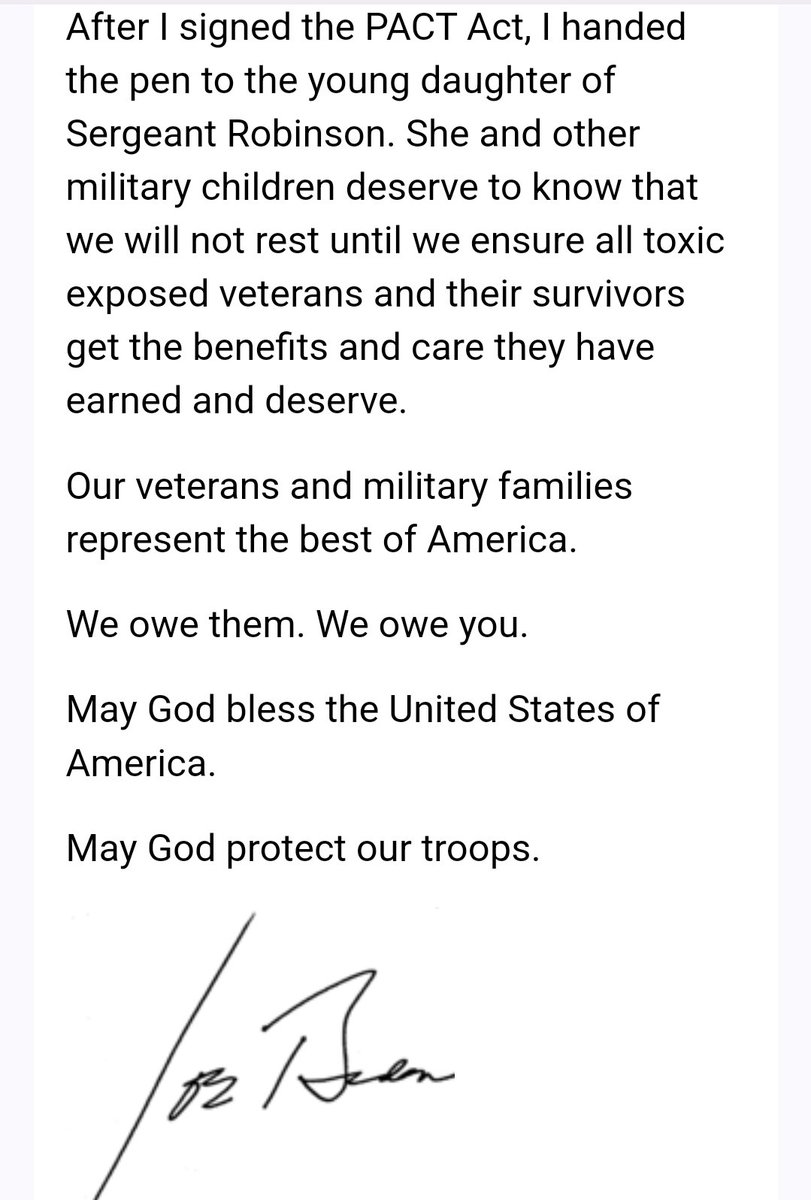 DrewTurner73's tweet image. I've included the email many veterans like me got just now from @POTUS. While the #PACTAct wasn't something I needed, I'm already covered. It has helped over 5 million veterans get much needed health care and compensation due to Burn Pit Exposure, Agent Orange, and the like.