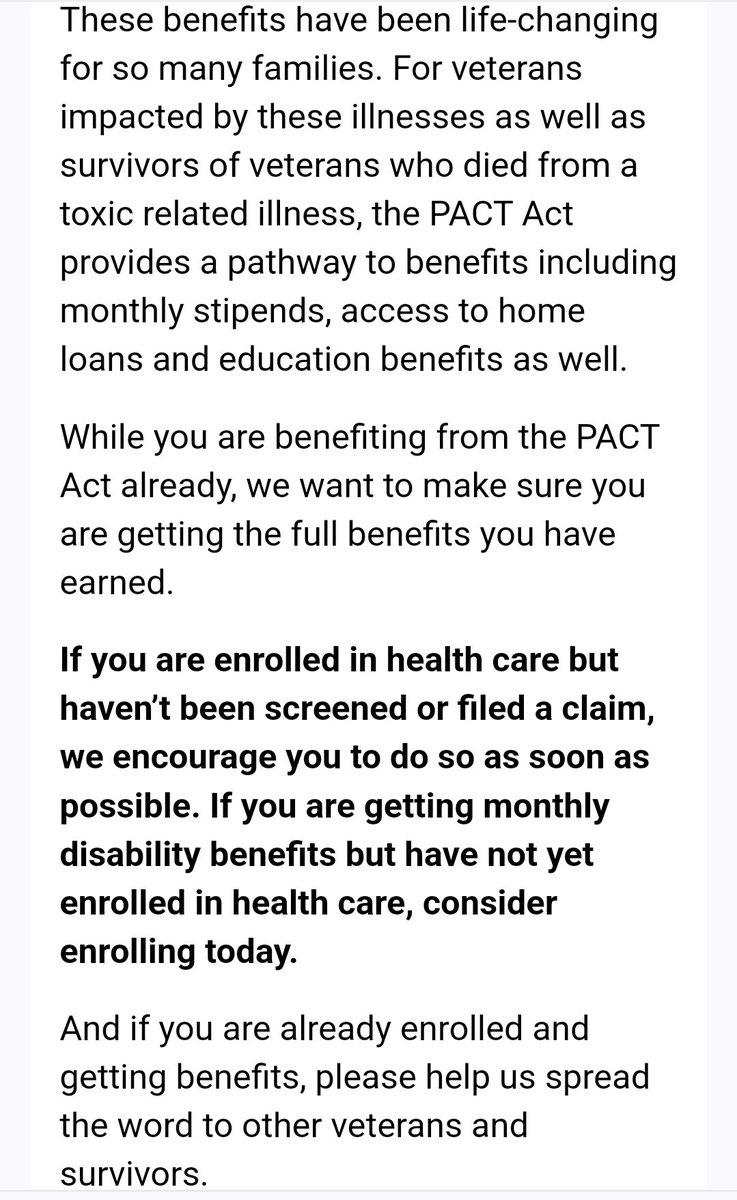 DrewTurner73's tweet image. I've included the email many veterans like me got just now from @POTUS. While the #PACTAct wasn't something I needed, I'm already covered. It has helped over 5 million veterans get much needed health care and compensation due to Burn Pit Exposure, Agent Orange, and the like.
